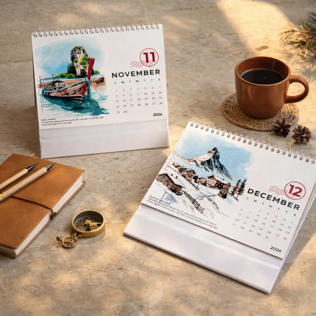 Illustrated travel themed 2026 table calendar product photoshoot featuring November and December pages on desk