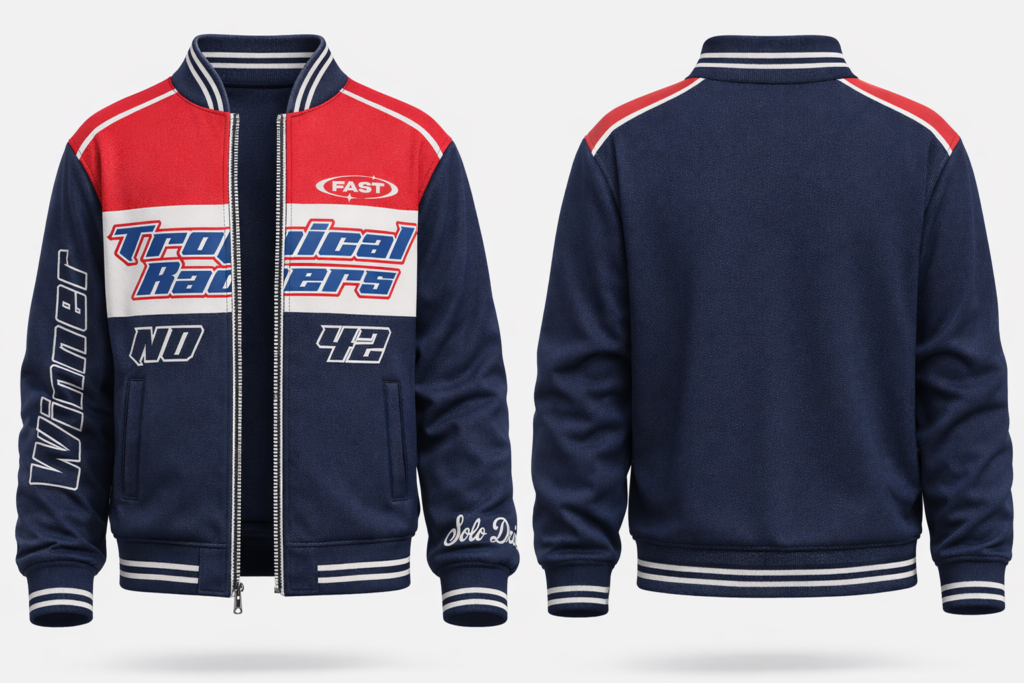 Motorsport inspired varsity bomber jacket