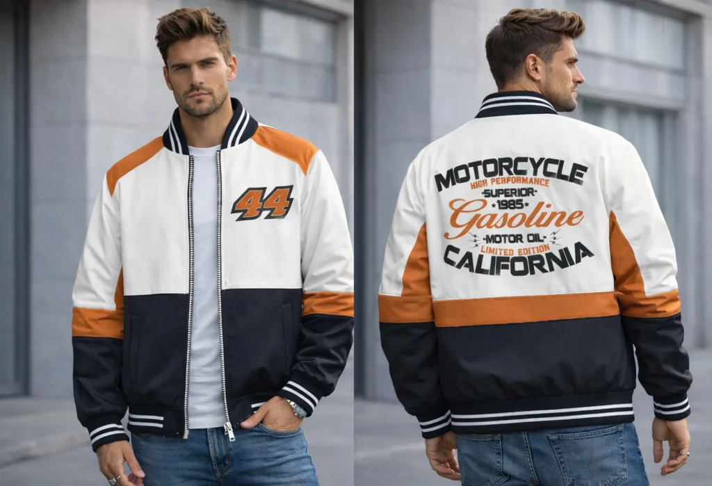 Racing jacket with printed badge photoshoot