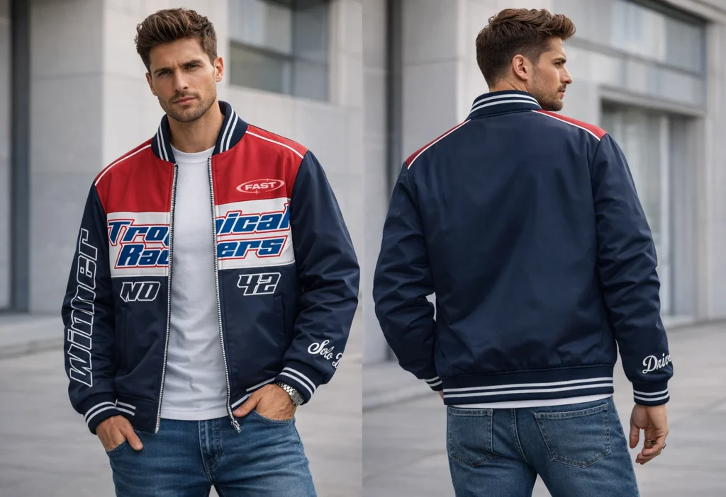 Motorsport inspired varsity bomber jacket photoshoot